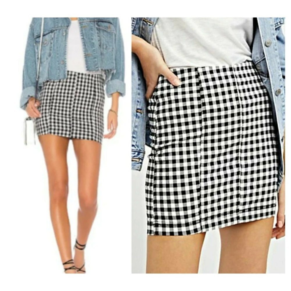 Free People Mini Skirt Black White Gingham Modern Femme Preppy Casual Stretech 6